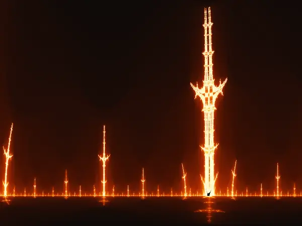 Axis spire — A tall, twin-tipped spire with flared crossbars rises above a glowing horizon of smaller towers, casting a faint reflection into the dark below.