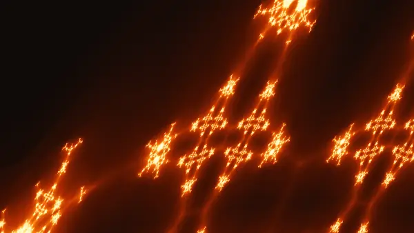 Diagonal starfighter squadron — Dozens of glowing, cross-winged starships fly in tight diagonal formation along faint amber trails across the dark.