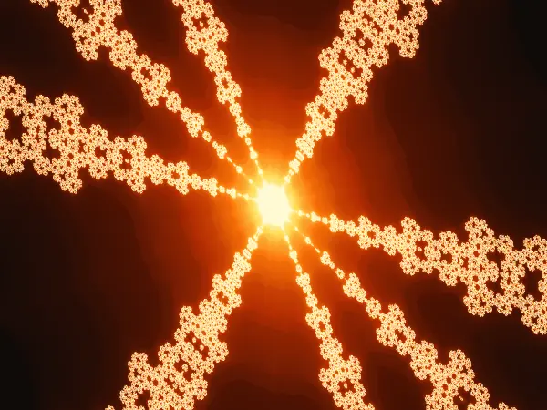 Beaded eight-ray pulsar — Eight straight rays—each strung with tiny, flower-like clusters—shine outward from a white-hot core into the surrounding dark.