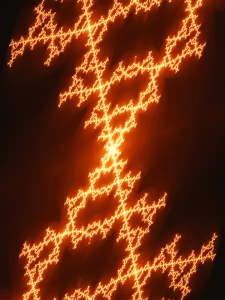 Branching lightning spine — A blazing vertical spine cuts through the dark, sending out angled, thorny crossbars at regular intervals.