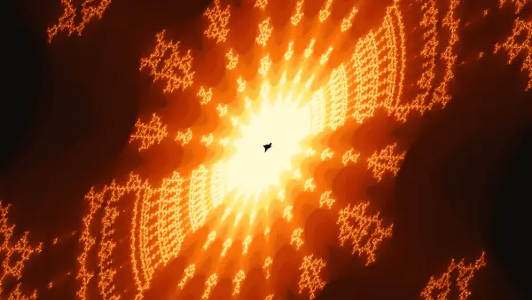 Bowtie searchlight iris — A tiny dark ship sits at the center of a blinding bowtie flare, sending tiered beams of golden lace outward between two dark bays.