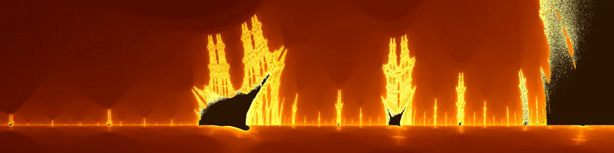 Panoramic view of the Burning Ship fractal armada along the negative real axis from x = -1.95 to -1.45