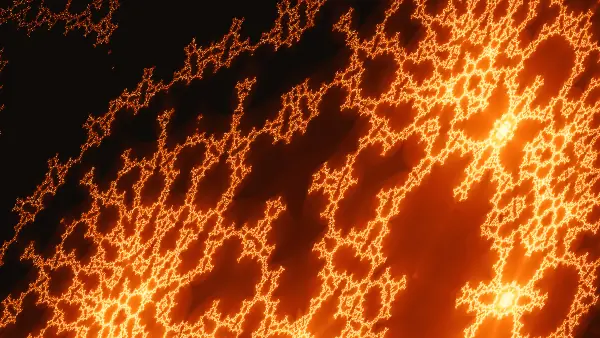 Coral-lace chasm and twin knots — Two blazing oval knots glow within a dense thicket of coral-like lace on the right, while jagged, branching filaments reach diagonally across a dark chasm toward the upper left.