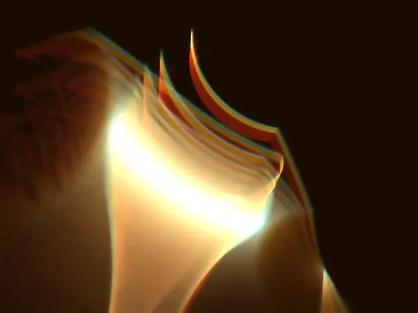 Nebulabrot render of layered parabolic caustic folds forming a glowing chalice across the dark interior near the origin