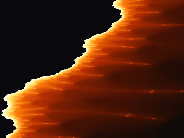 Caustic prominence shoreline — A white-hot, jagged cliff meets a pitch-black sea, sending faint, arched ripples of light washing back across the amber shallows.