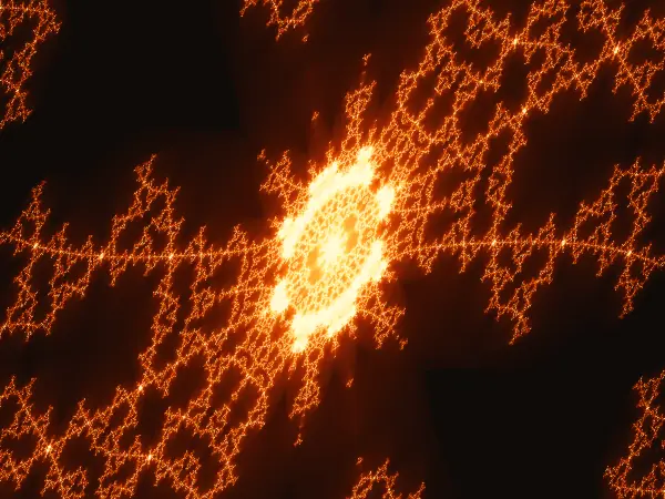 Thorny reef medallion — A blazing oval medallion of lacy cells glows at the center where a fine horizontal thread crosses a wide diagonal lattice of thorny branches between two dark bays.