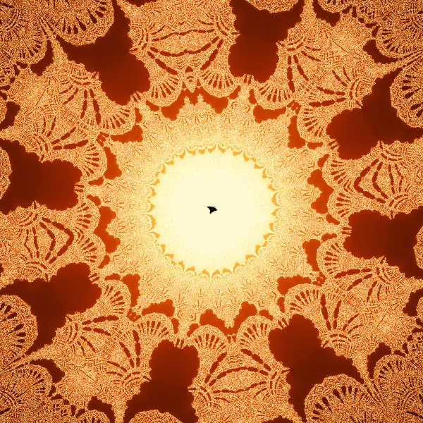 Cloverleaf corona — A tiny dark ship drifts at the center of a blinding circular halo, ringed by scalloped gold lace and dark, clover-shaped coves.