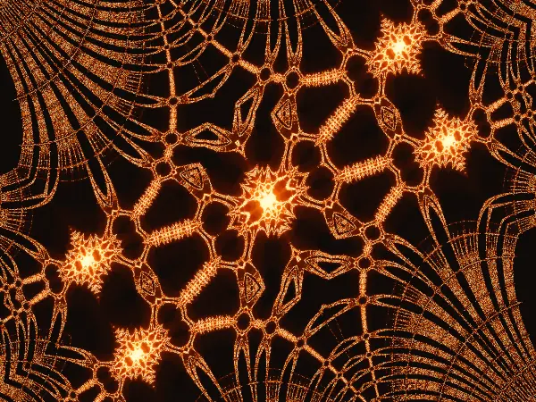 Five-star suspension vault — Five bright, eight-pointed star lanterns are linked along a diagonal truss between sweeping, web-like cables.