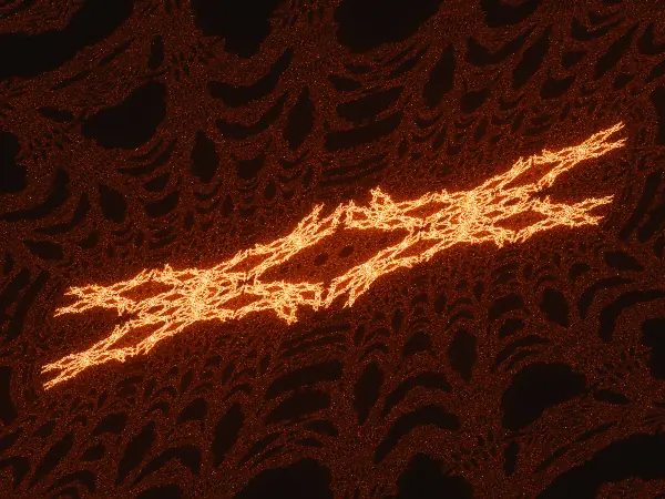 Crossed cutlasses — Two narrow, glowing blades cross at a shallow angle around a small dark diamond, set against a background of dark, ribbed lace.