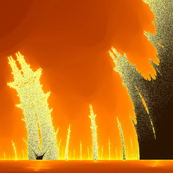 Small Burning Ship and curving flame spires near the edge of the dark expanse around x = -1.51