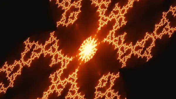 Dragon-wing sunflower — Four sweeping, coral-like arms meet at a bright, petal-ringed wheel that divides the dark into four wide bays.