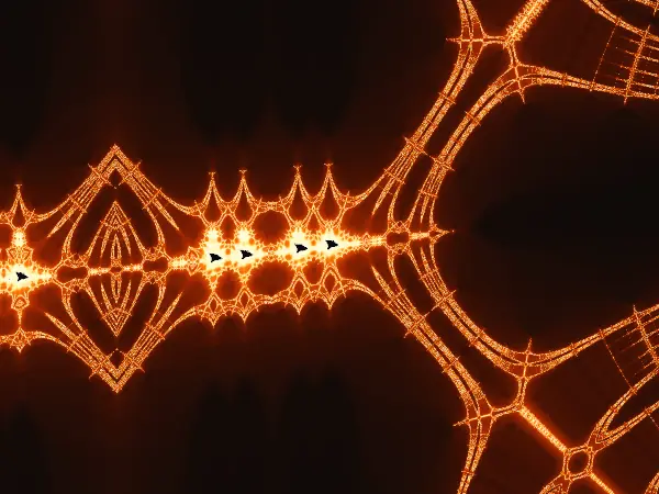 Ember bridge — Nested luminous diamonds form a glowing bridge between broad dark chambers.