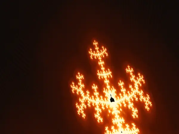 Ember candelabra — A glowing candelabrum of branching crosses rises into the dark around a tiny black ship at its center.