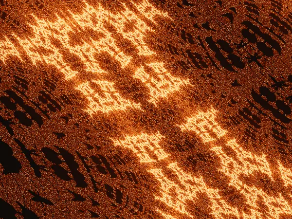 Ember sigil — Two parallel diagonal bands of bright, cross-shaped sparks mirror each other across a textured field of dark embers and cutouts.