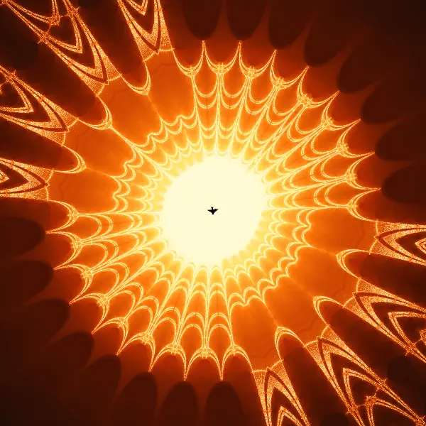 Falcon-arcade wings — A tiny dark ship sits at the heart of a glowing, web-ringed sun, while four tall, ribbed wings sweep toward the top and bottom of the frame.