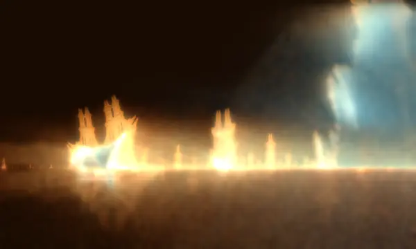 Wide Nebulabrot view of the Burning Ship fleet from x = -1.865 to -1.418 showing the largest ship, companion ships, and a glowing cyan prominence at the edge of the main expanse