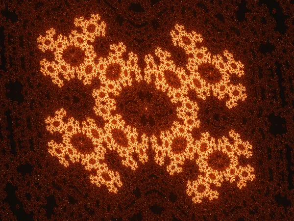 Four-lobed rosette — Four rounded lobes surround a dark center. Smaller flower-like forms repeat through the surrounding filaments.