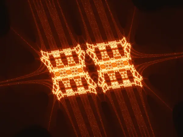 Glowing grid — Fine parallel threads cross at a glowing grid, tucked into a tiny region near the western tip of the fractal.