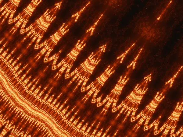 Harp causeway — Along a glowing causeway in the lower left, a row of striped, fork-tipped towers rises into the dark like the strings and pillars of a harp.