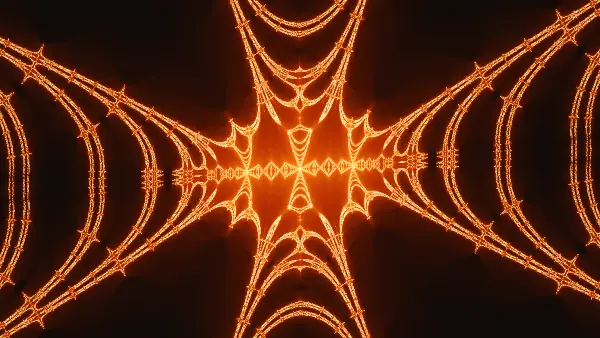 Spiderweb cathedral — Sweeping, ladder-like arcs curve in from all four corners and meet at a glowing chain of tiny diamonds suspended over the dark.