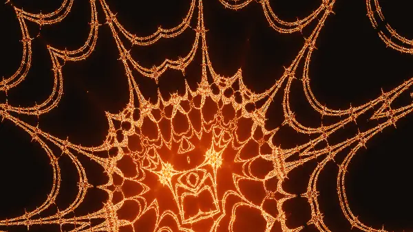 Scalloped cobweb canopy — Two bright star clusters glow inside a mask-like arch near the bottom of the frame, while scalloped cobweb rings and double-tracked suspension cables fan outward across the dark.