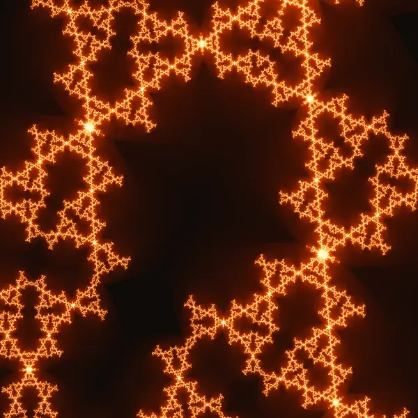 Koch snowflake lagoon — A dark, star-shaped lagoon lies encircled by a glowing reef of crystalline, snowflake-like branches.