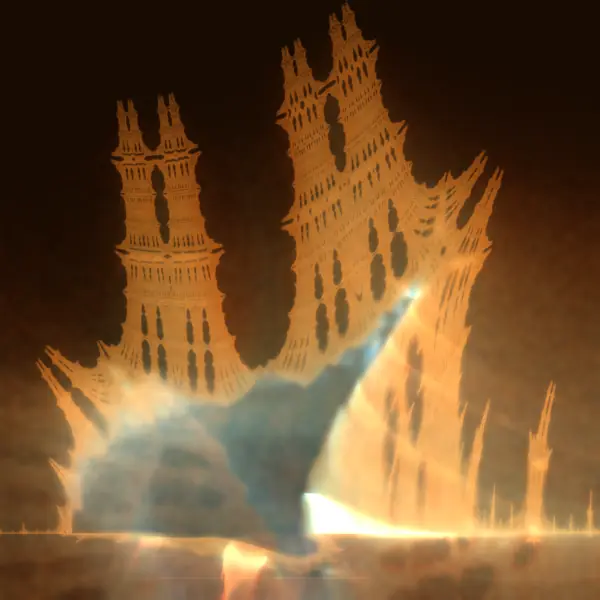Nebulabrot render of the largest Burning Ship colored by orbit visit frequency across escaping trajectories