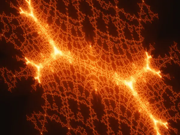 Lightning bridge — A bright diagonal arc bridges a grid of thorny filaments, splitting into glowing Y-shaped forks at either end.