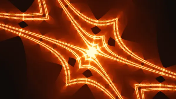 Diamond-rail star span — Paired tracks of light arch outward from a blazing central star, with a chain of dark diamond cutouts set between the rails.