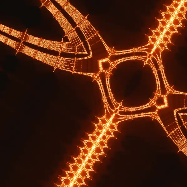 Orbital girder oculus — Four arched, girder-like bridges converge on a glowing ring that frames a dark circular eye at the center.