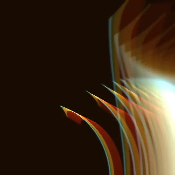 Portrait Nebulabrot render of curved crimson, amber, and cyan parabolic caustic blades inside the southeastern interior cusp