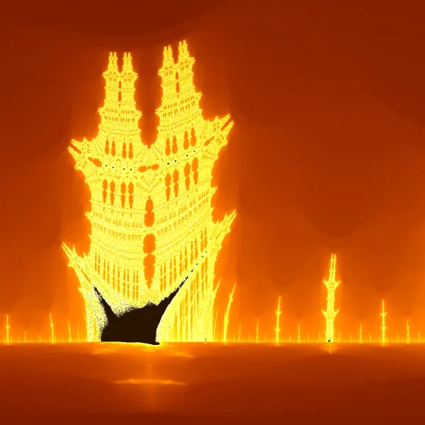 Burning Ship structure near x = -1.6 between the largest ship and the dark interior expanse