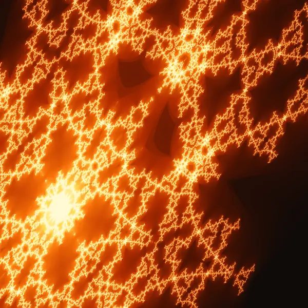 Sierpinski lightning truss — A white-hot burst in the lower left sends jagged, branching bolts diagonally across the frame, carving dark triangular gaps between them.