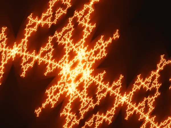 Lightning star cross — Four jagged, triangular trusses cross at a blazing central cluster, reaching outward between wide dark bays.