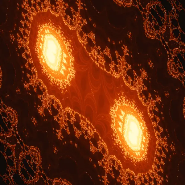 Figure-eight silk vortices — Two white-hot vortices glow at opposite ends of a figure-eight chamber, wrapped in sweeping contours of amber silk and dark, scalloped lace.