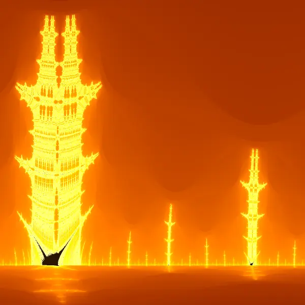 Close-up of the small Burning Ship structure near x = -1.57 with tall lacy masts