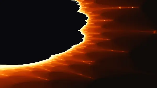 Solar-eclipse crescent bay — A pitch-black bay along the upper shoreline of the largest ship is rimmed by a white-hot corona and horizontal rays of amber light.