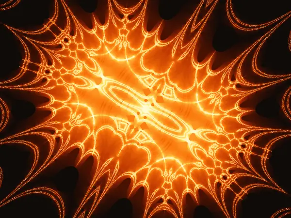 Sunburst eye mandala — Centered in the frame, a blazing tilted eye with a four-pointed star at its pupil radiates scalloped petals, diamond cutouts, and double-tracked ribs into the surrounding dark coves.