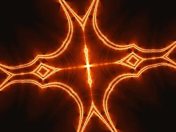 Spear-tip diamond court — Sweeping double-tracked rails curve around a blazing central cross, framing nested diamond eyelets to the left and right and V-shaped chevrons above and below.