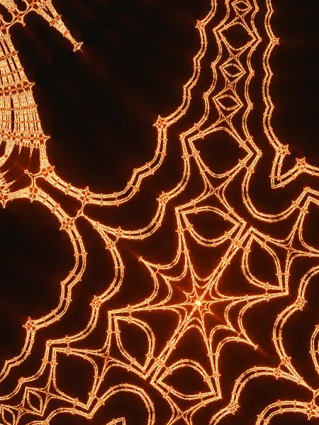 Spiderweb-palace core — Scalloped threads spin a delicate cobweb around an eight-pointed star in the lower right, with diamond-patterned ribbons trailing away into the dark.