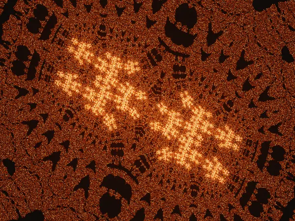 Stained-glass nave — Bright, cross-shaped clusters glow in the lower half of the frame, ringed by dark, arch-shaped cutouts.