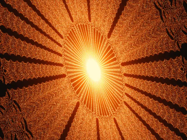 Supernova ray-hub — Fine golden rays stream outward from a blinding oval core, ringed by dark, beaded shadow-spokes that reach into the surrounding ember dust.