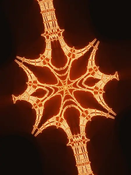 Suspended lantern tower — Ribbed towers reach in from top and bottom and flare out at the center into an eight-pointed, web-like lantern suspended between two dark voids.