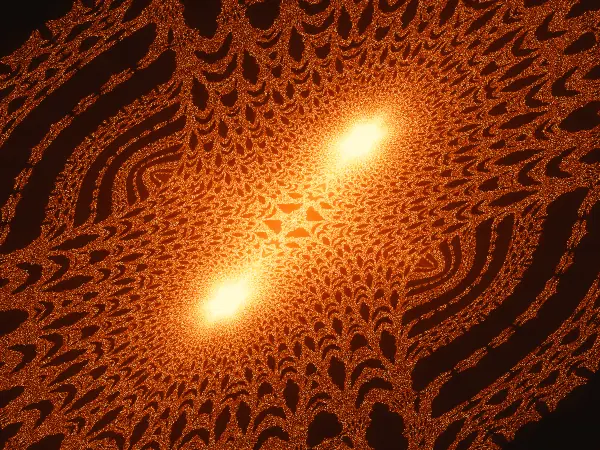 Twin whirlpools — Two bright cores face each other amid dense, curling filaments that repeat around them.