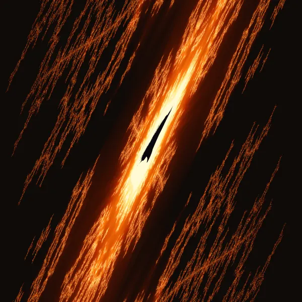 1:1 skewed view of a period-15 embedded quasi-Julia ring in the eastern sail stretched 9.6x into diagonal flame streaks