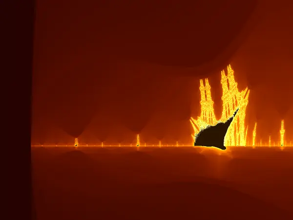 Small ships along the western needle left of the largest ship extending to (-2, 0)