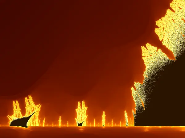 Zoomed-in view of the Burning Ship fleet in the lower-left region from x = -1.81 to -1.39