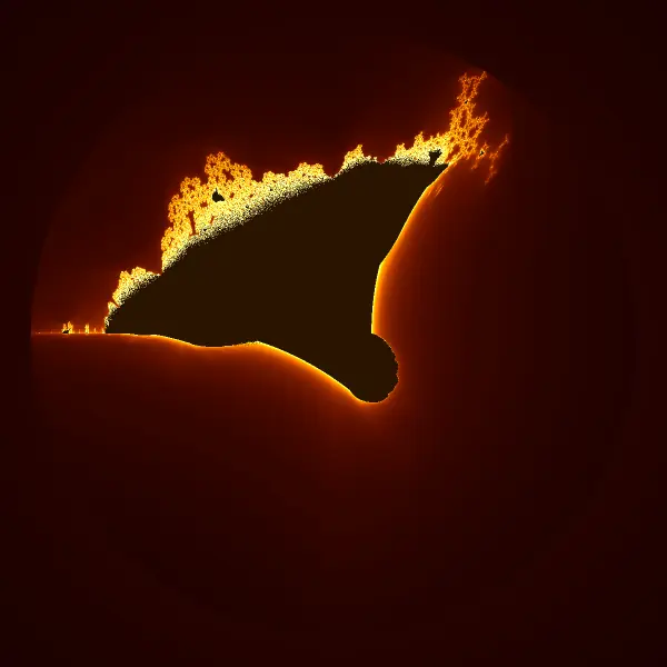 Full Burning Ship fractal world overview within the escape radius of 2 from -2.2 to 2.2