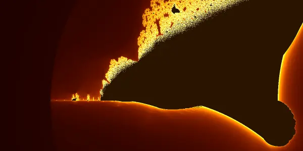Burning Ship fractal overview showing the ships clustered near the negative real axis (y = 0)