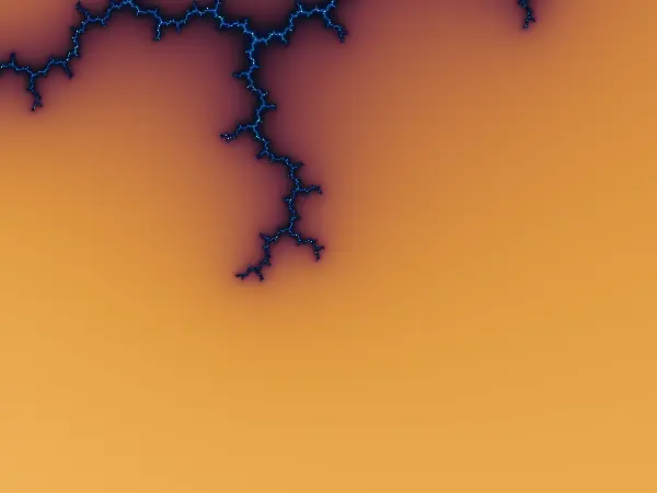 Misiurewicz Dendrite Tip at i — Zoomed to 10⁻³⁰ around the preperiodic Misiurewicz point c = i, self-similar lightning branches twist at fixed angles around the terminal tip of the upper filament.